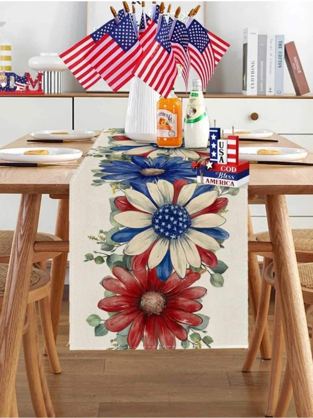 Patriotic Red, White & Blue Floral Table Runner